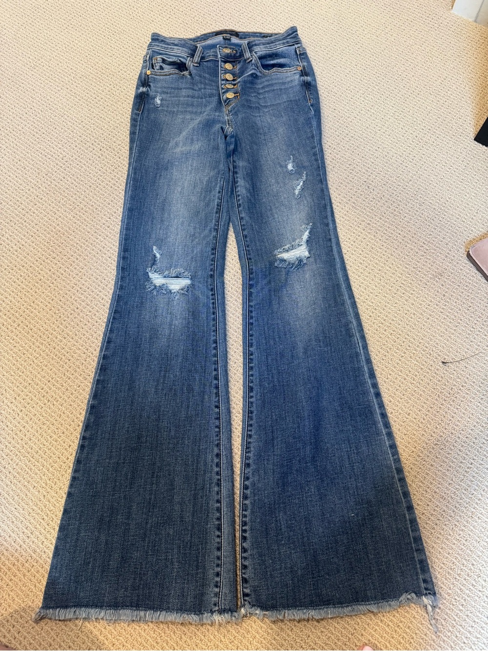 Judy Blue Dark Blue High-Rise Flared Jeans with Distressed Details
